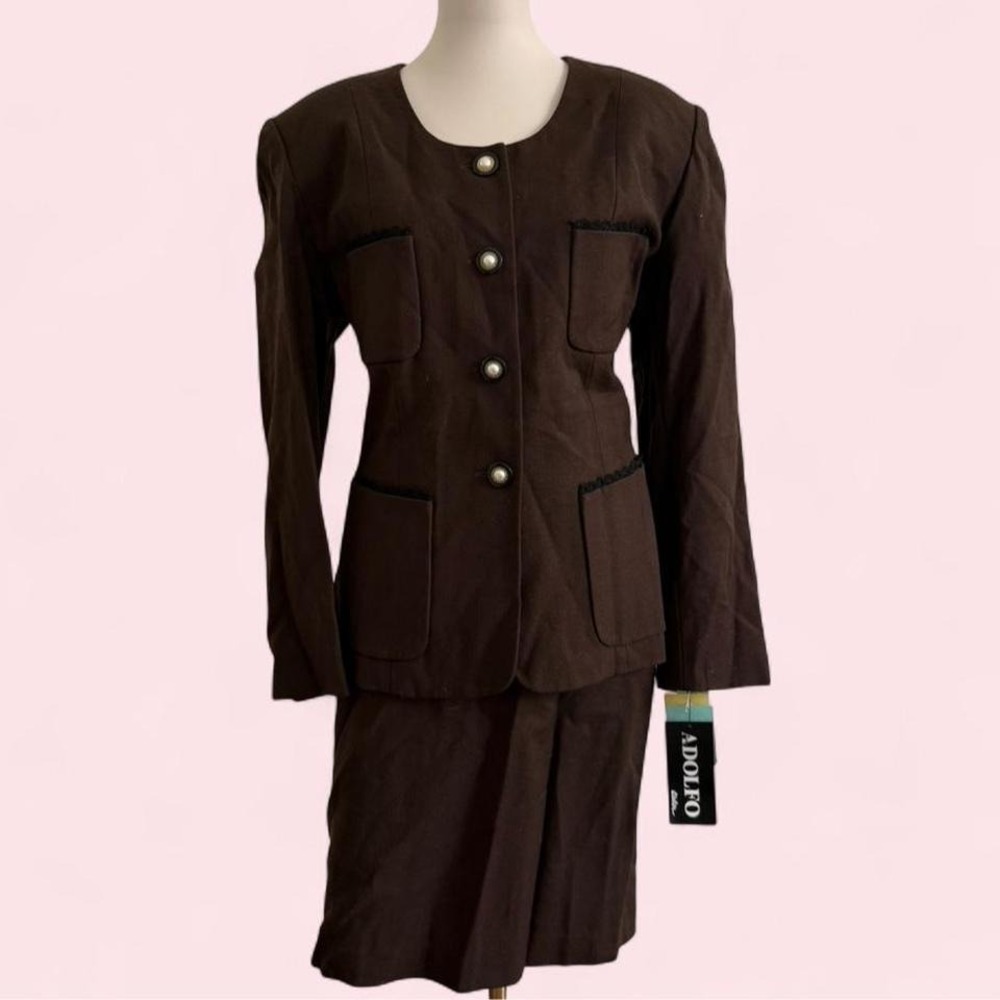 Adolfo NWT Brown 100% Wool Skirt Suit Pearl Buttons Patch Pockets Size 16